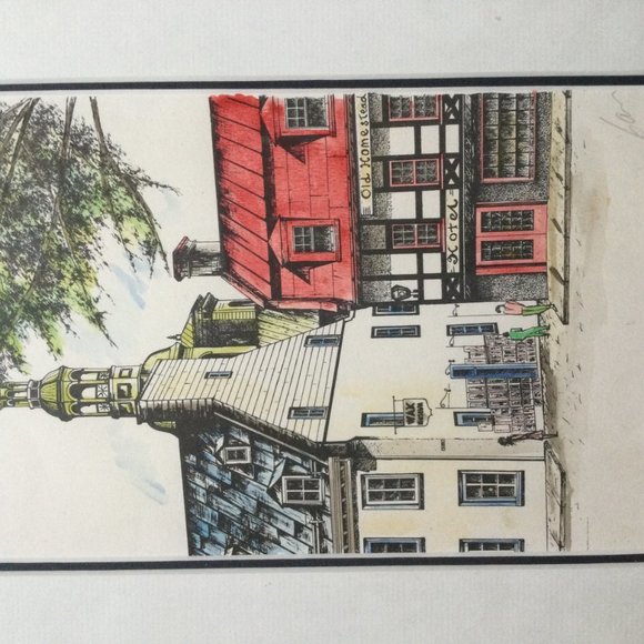 Hand colored etching? engraving? print street view small wall decor pencil signe - Picture 5 of 6